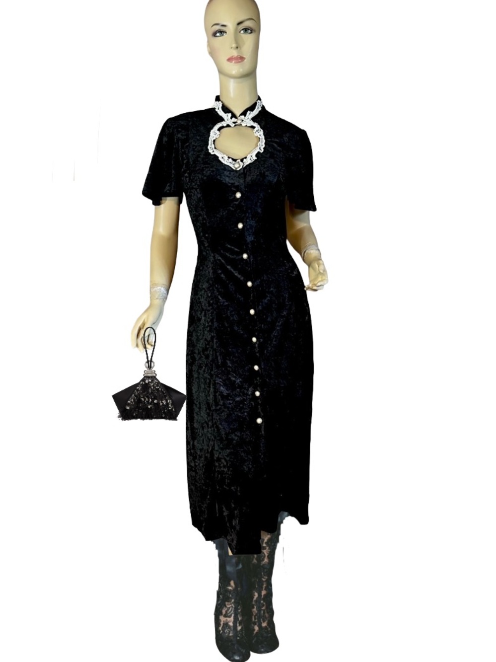 VINTAGE 1990'S ALL THAT JAZZ BLACK VELVET & WHITE EMBROIDERED COLLAR DRESS (6/8)